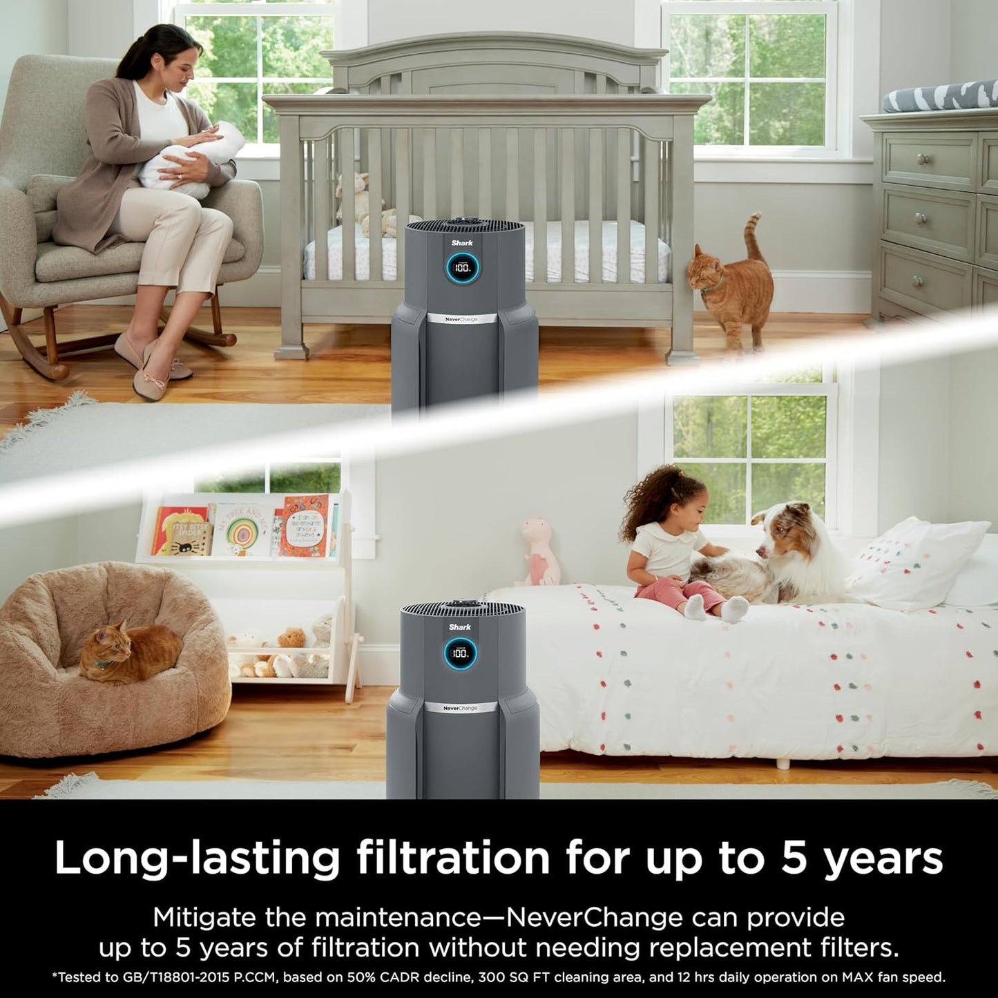Home purifier with NeverChange HEPA air filter for multi-room powerful purification, filters smoke and captures 99.98% of particles and dust