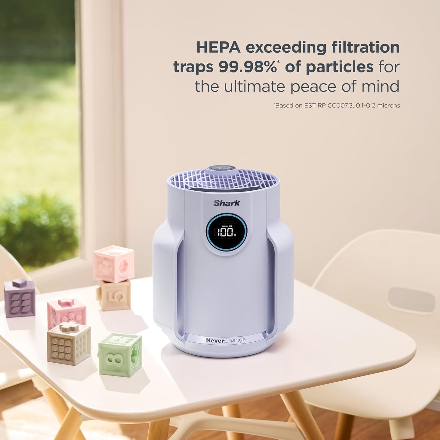 Home purifier with NeverChange HEPA air filter for multi-room powerful purification, filters smoke and captures 99.98% of particles and dust