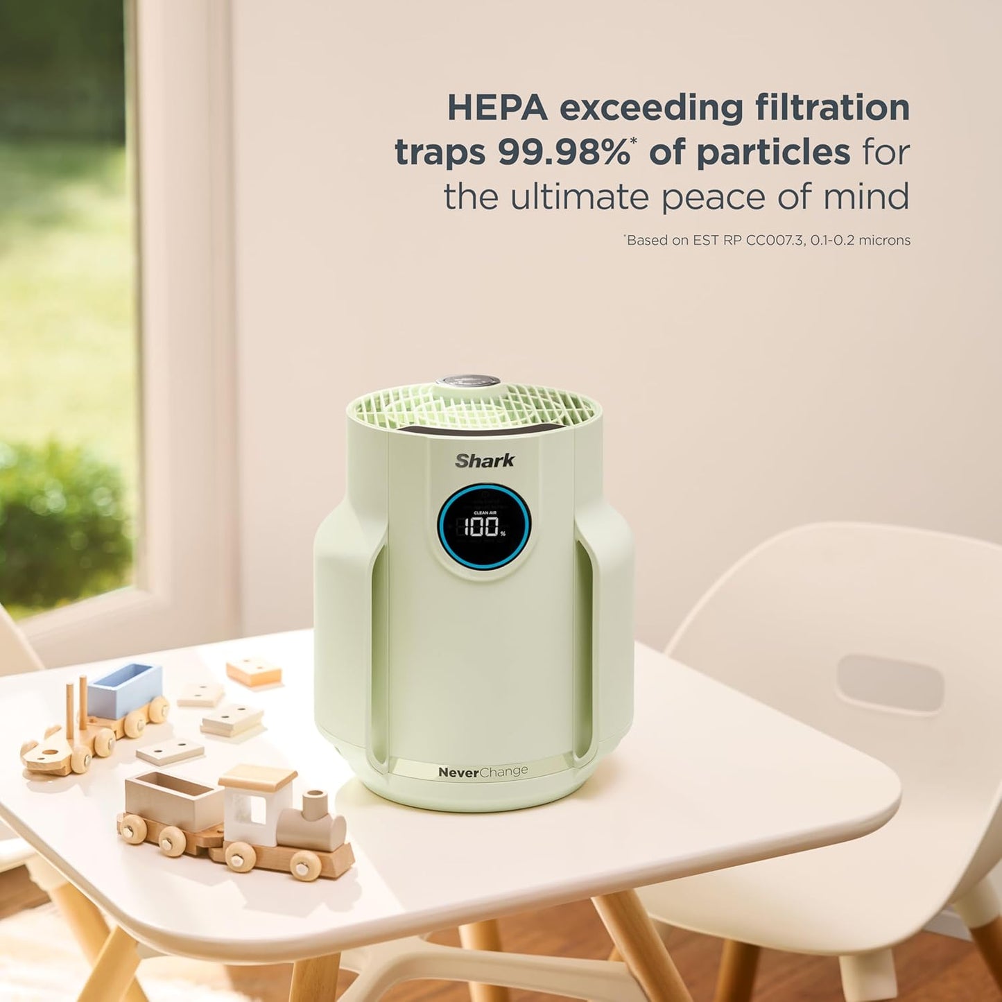 Home purifier with NeverChange HEPA air filter for multi-room powerful purification, filters smoke and captures 99.98% of particles and dust