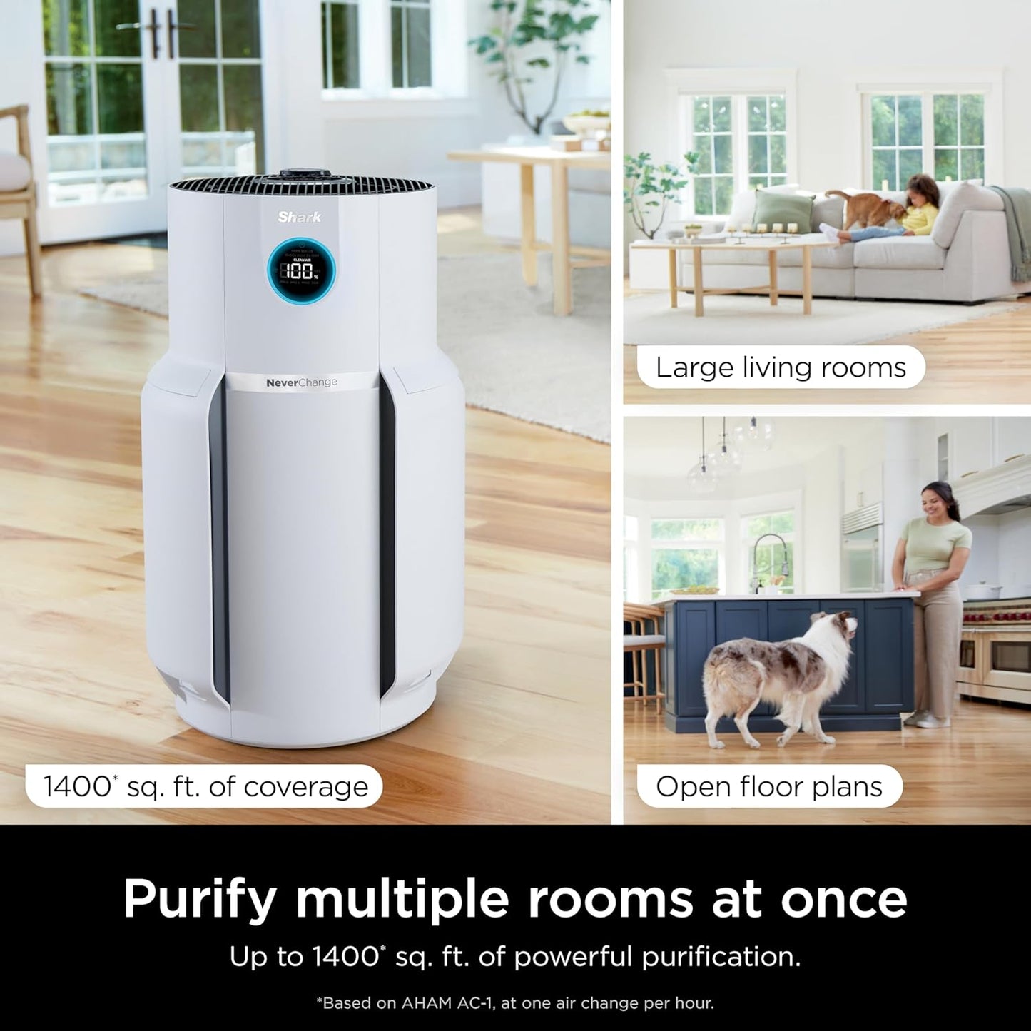 Home purifier with NeverChange HEPA air filter for multi-room powerful purification, filters smoke and captures 99.98% of particles and dust