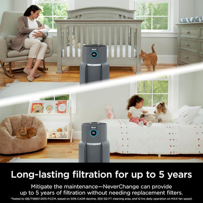 Home purifier with NeverChange HEPA air filter for multi-room powerful purification, filters smoke and captures 99.98% of particles and dust