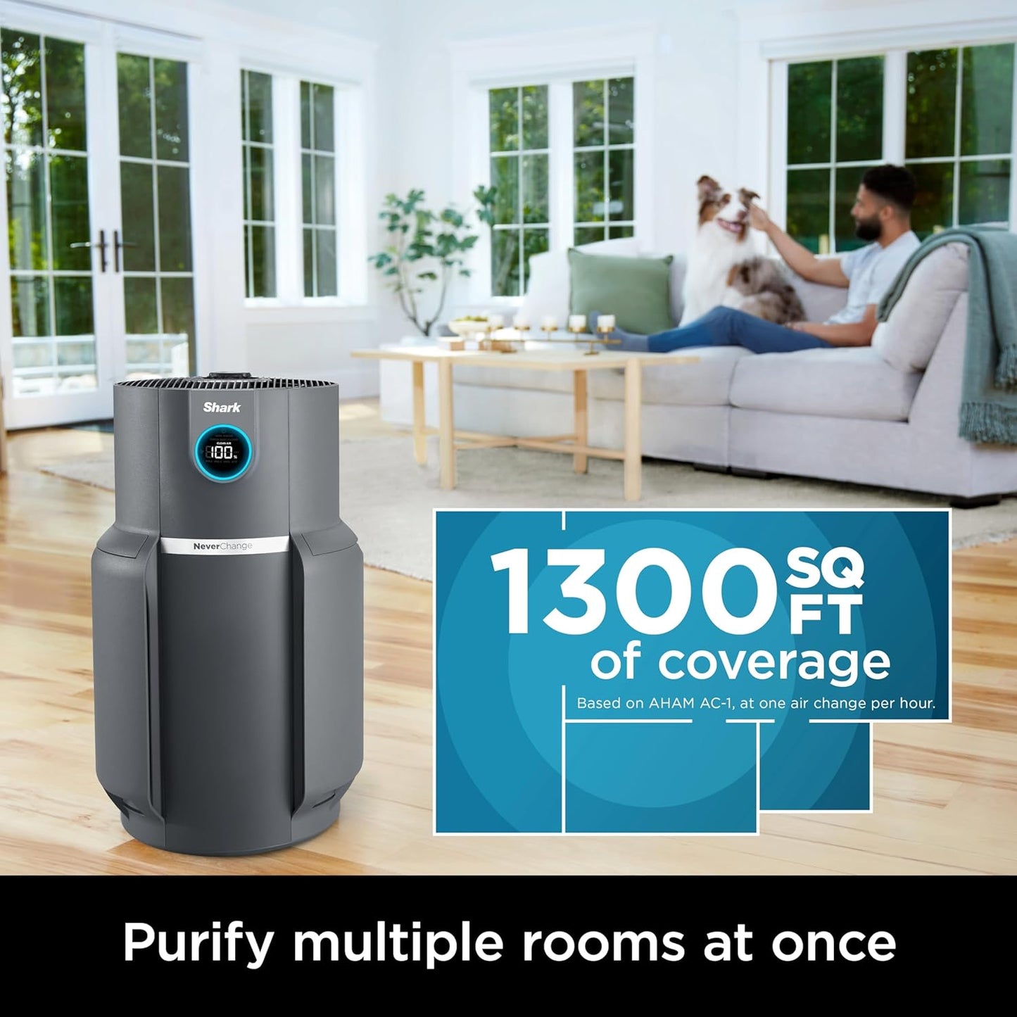 Home purifier with NeverChange HEPA air filter for multi-room powerful purification, filters smoke and captures 99.98% of particles and dust